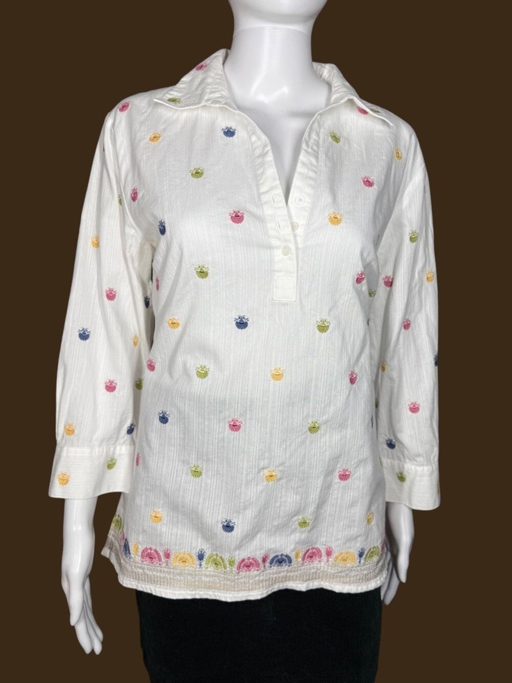 Talbots Embroidered Multicolored Sheer Button Up Blouse 100% Cotton Size Medium